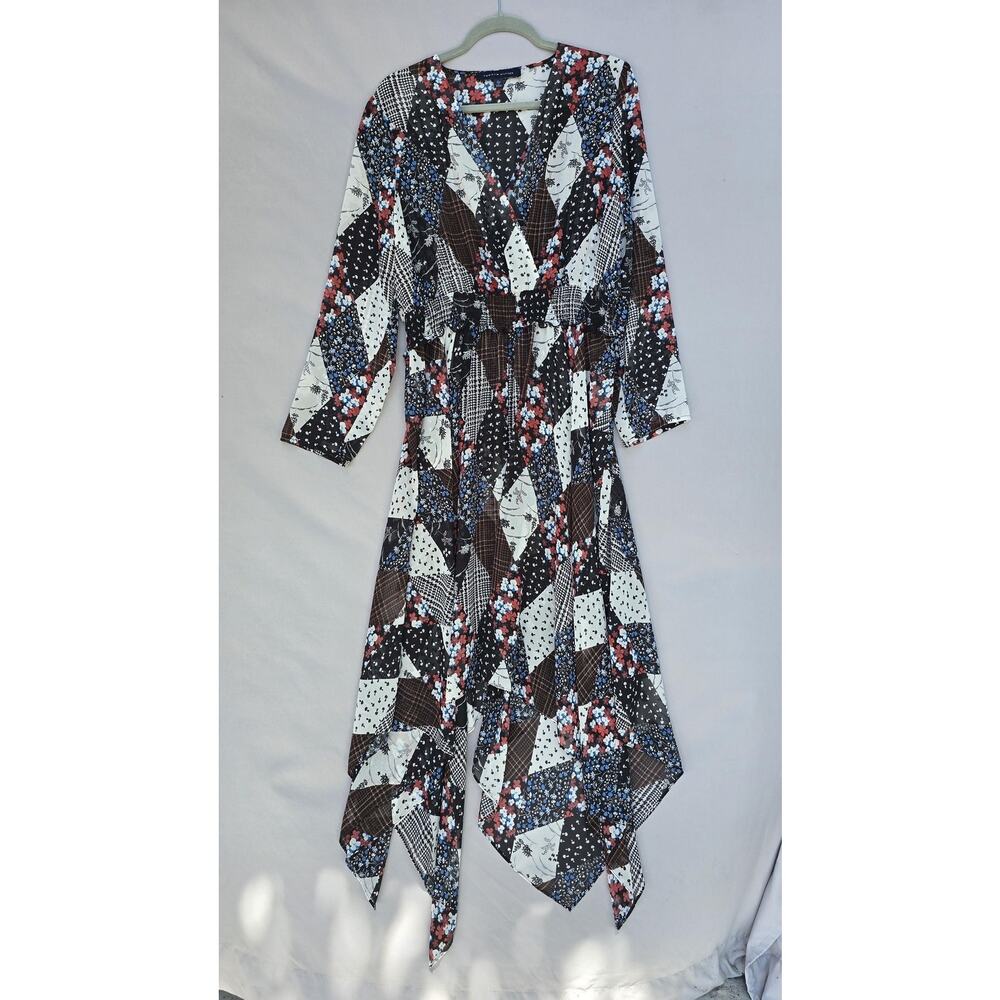 Tommy Hilfiger Dress Womens XL Multicolor Floral Patchwork V Neck Fit & Flare